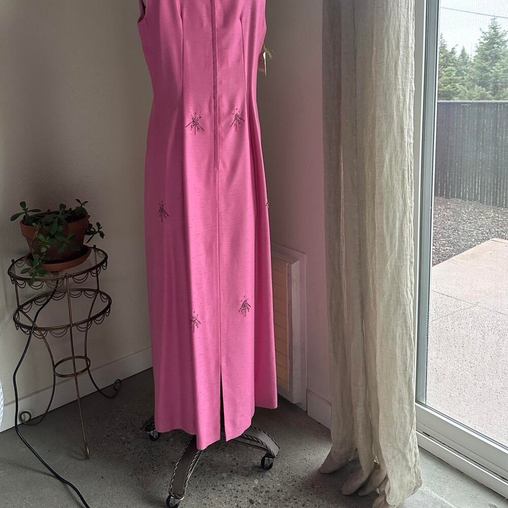 Women’s Large Dress Rose Pink Structured Full Silk Beaded Gown & Stole 1970s - Picture 4 of 7